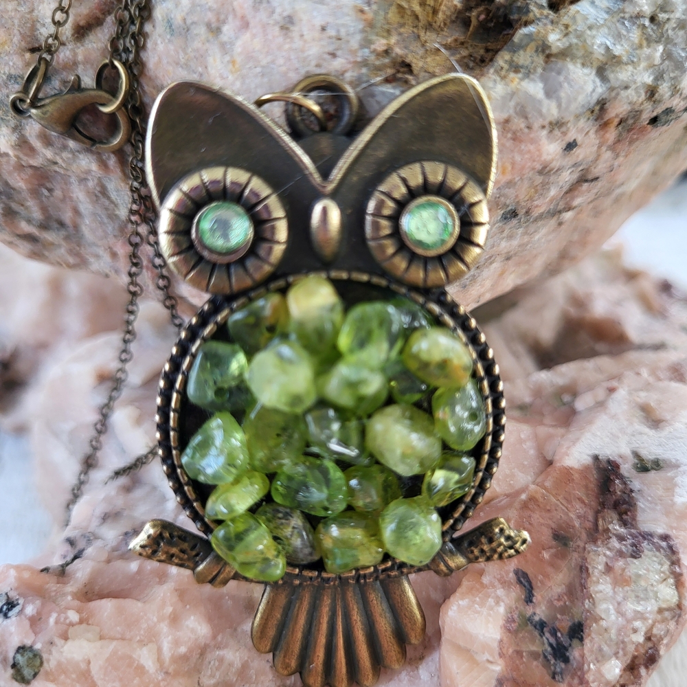 Antique Looking Brass Owl Necklace with Green Accents